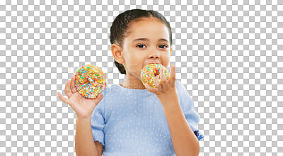 Candy, smile and child eating donuts on green background with cake for party, birthday and luxury. Food, excited kid and isolated happy girl with sweets, dessert treats and sugar doughnuts in studio
