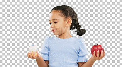 Face, confused and child on green screen with apple, candy and deciding in studio on mockup background. Portrait, fruit or dessert for girl unsure, doubt and contemplating snack while posing isolated