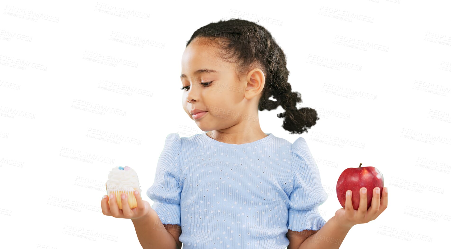 Buy stock photo Child, cupcake or apple for choice, decision or selection on isolated, transparent or png background. Confused, thinking or biracial girl with bakery cake or fruit for health, 
wellness or diet doubt