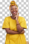 Happy portrait, fashion and black woman with yellow dress, casual apparel outfit and confident in stylish clothes. Smile, culture and real African person isolated on transparent, png background