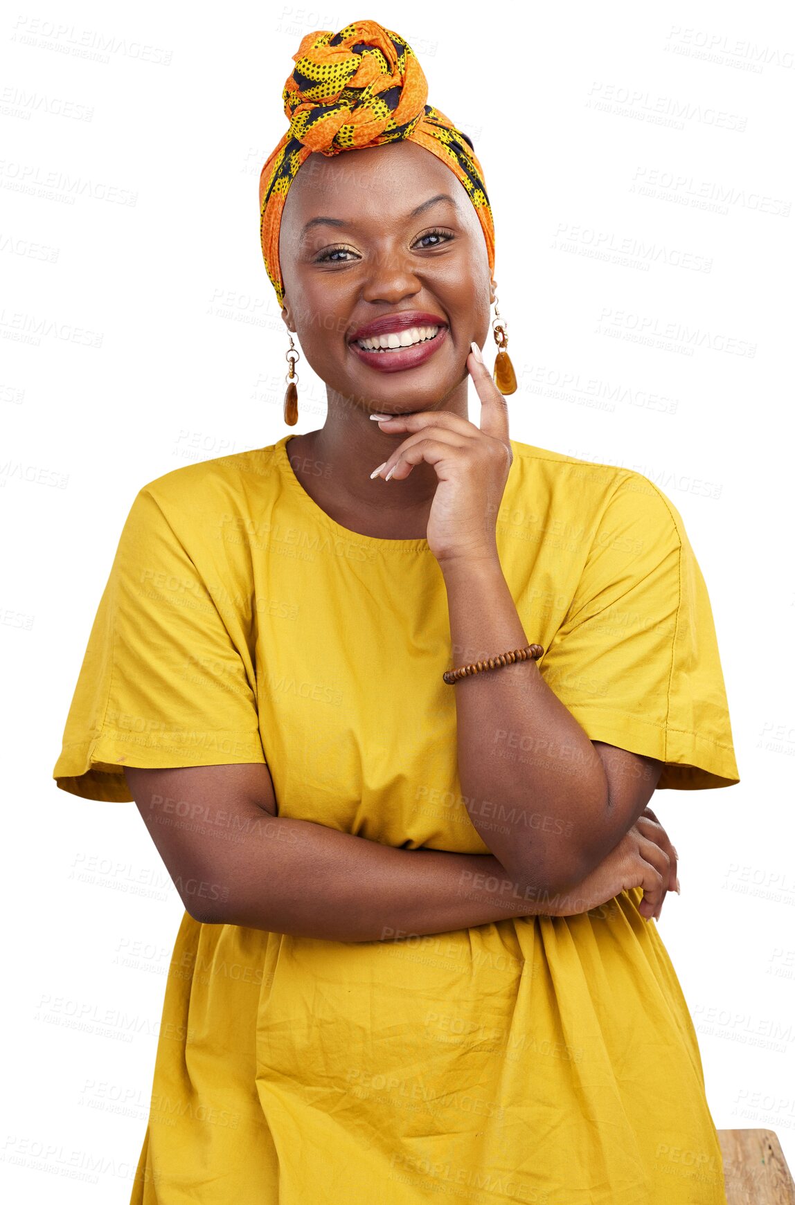 Buy stock photo Happy portrait, fashion and black woman with yellow dress, casual apparel outfit and confident in stylish clothes. Smile, culture and real African person isolated on transparent, png background