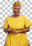 Tablet, smile and business with portrait of black woman on png for web design, creative and social media. Search, technology and online with person isolated on transparent background for networking
