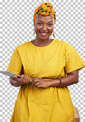 Buy stock photo Tablet, smile and business with portrait of black woman on png for web design, creative and social media. Search, technology and online with person isolated on transparent background for networking
