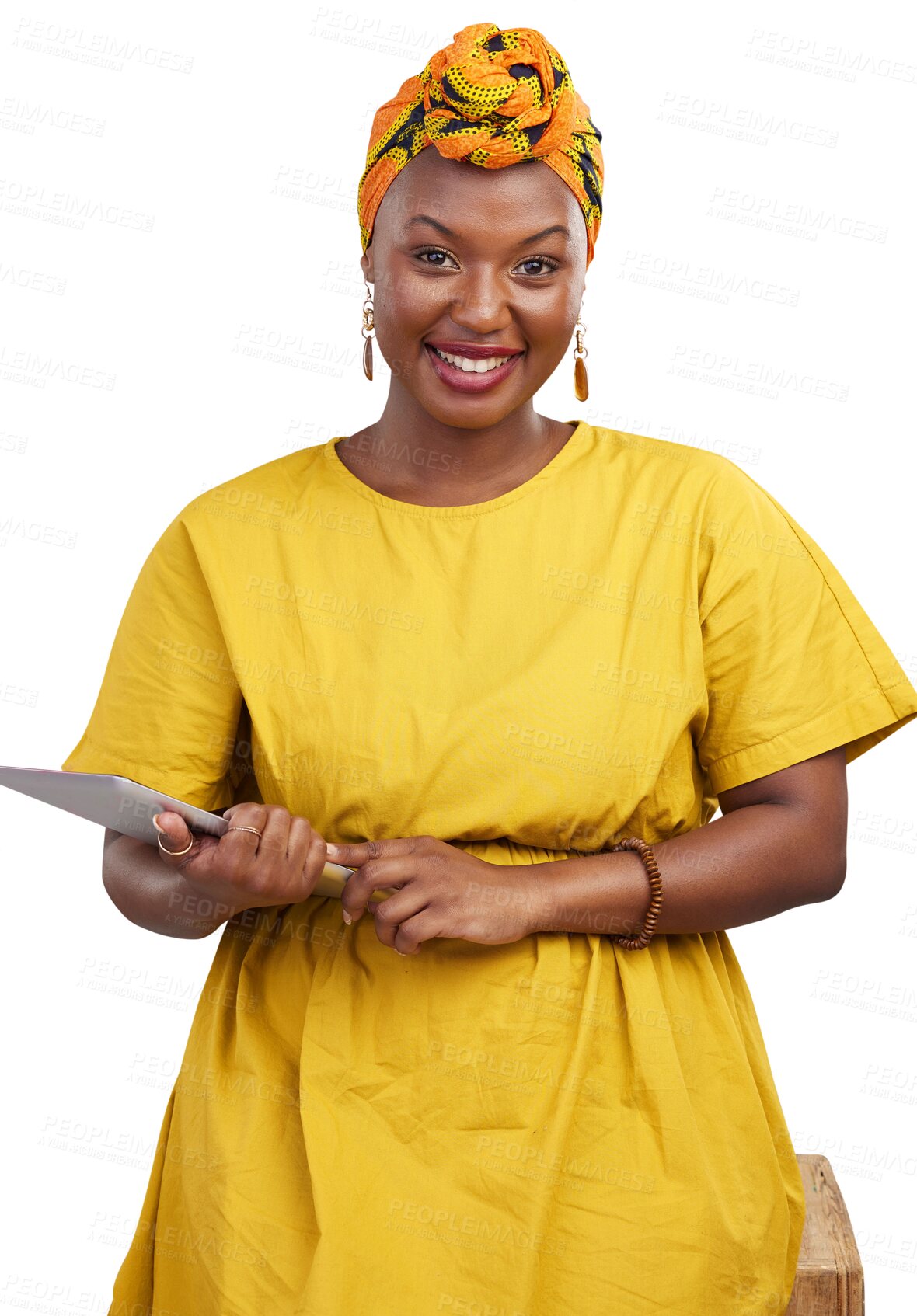 Buy stock photo Tablet, smile and business with portrait of black woman on png for web design, creative and social media. Search, technology and online with person isolated on transparent background for networking