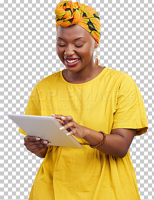 Search, smile and business with black woman and tablet on png for web design, creative and social media. Internet, technology and online with person isolated on transparent background for networking
