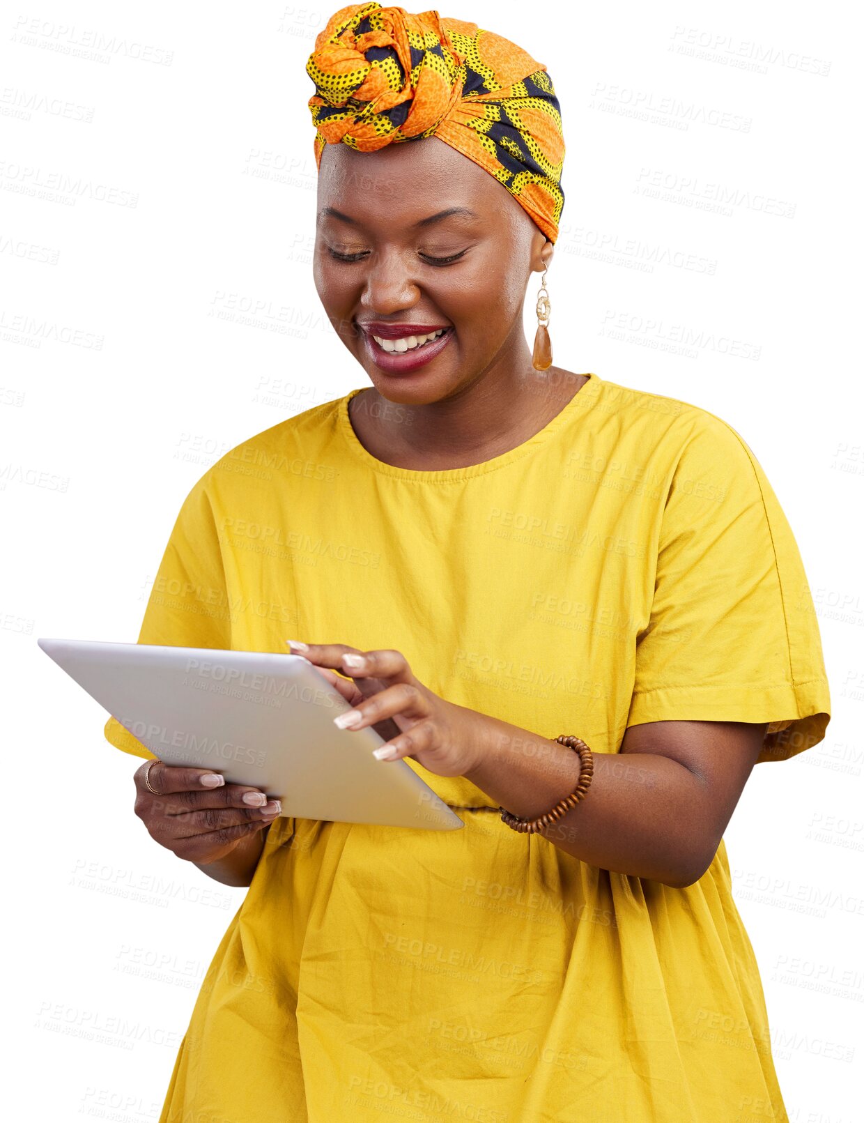 Buy stock photo Search, smile and business with black woman and tablet on png for web design, creative and social media. Internet, technology and online with person isolated on transparent background for networking