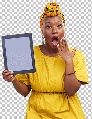 Buy stock photo Woman, surprise portrait and blank tablet screen for marketing and excited announcement. African female person, wow and application information isolated on a transparent, png background