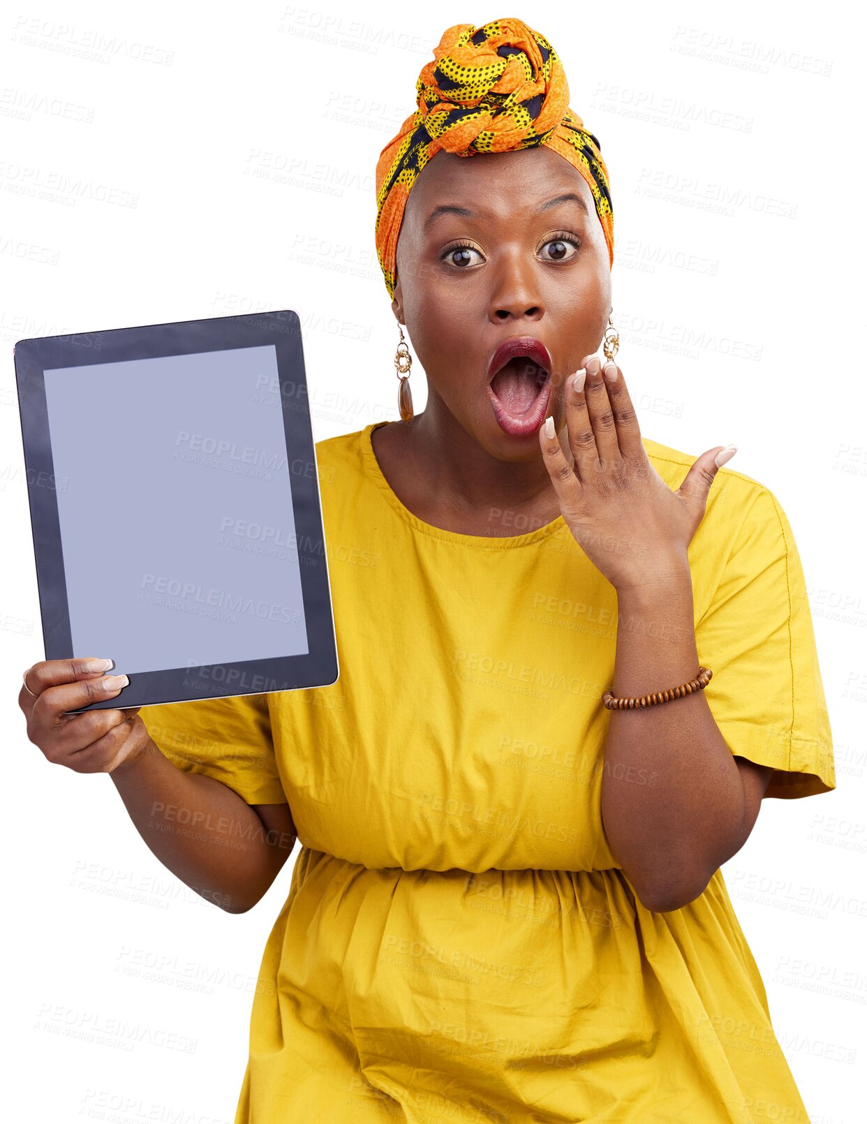 Buy stock photo Woman, surprise portrait and blank tablet screen for marketing and excited announcement. African female person, wow and application information isolated on a transparent, png background