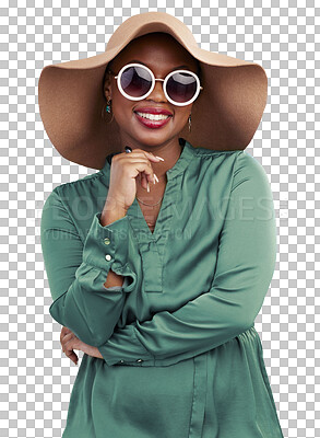 Fashion, sunglasses and portrait of black woman with smile on isolated, png and transparent background. Summer hat, happy and female person in cosmetics in trendy clothes, style and elegant outfit