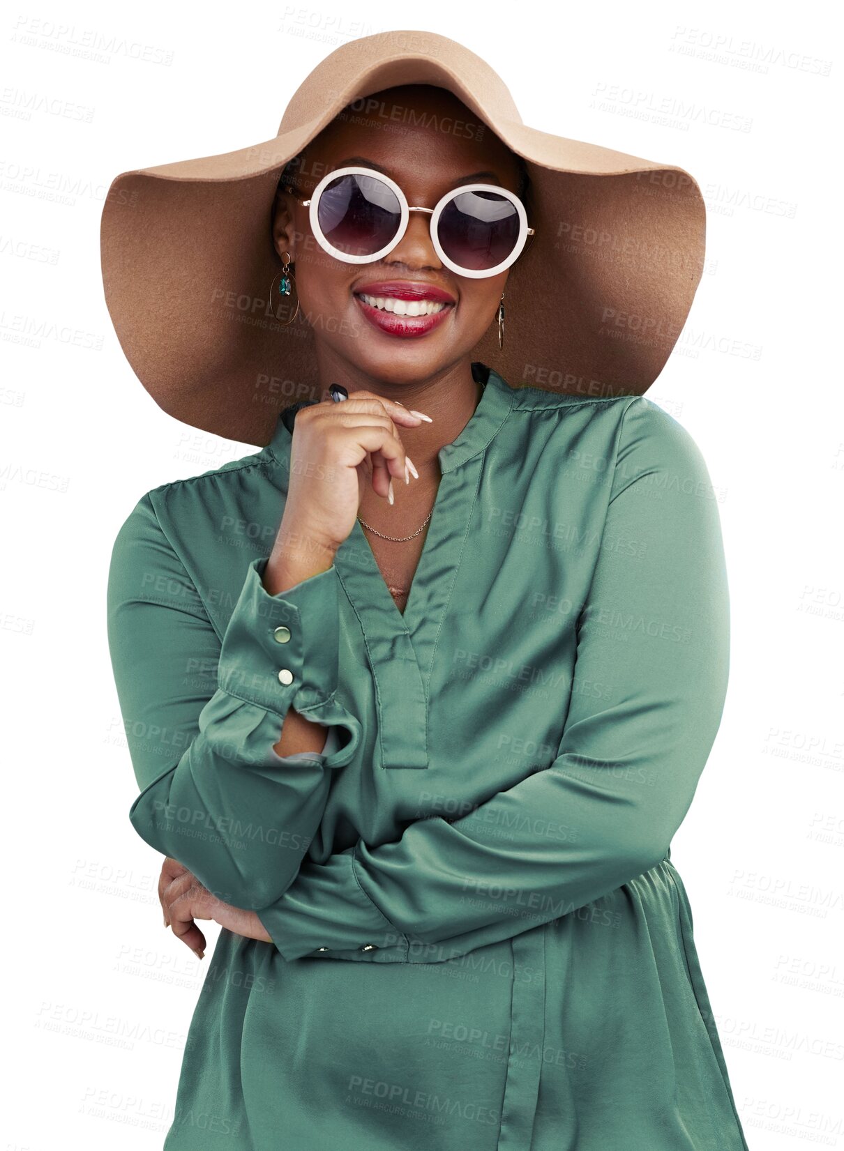 Buy stock photo Fashion, sunglasses and portrait of black woman with smile on isolated, png and transparent background. Summer hat, happy and female person in cosmetics in trendy clothes, style and elegant outfit