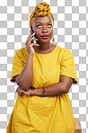 Phone call, frustrated and talking, black woman isolated on transparent png background, communication and networking. Conversation, discussion and annoyed African model on cellphone with connection.