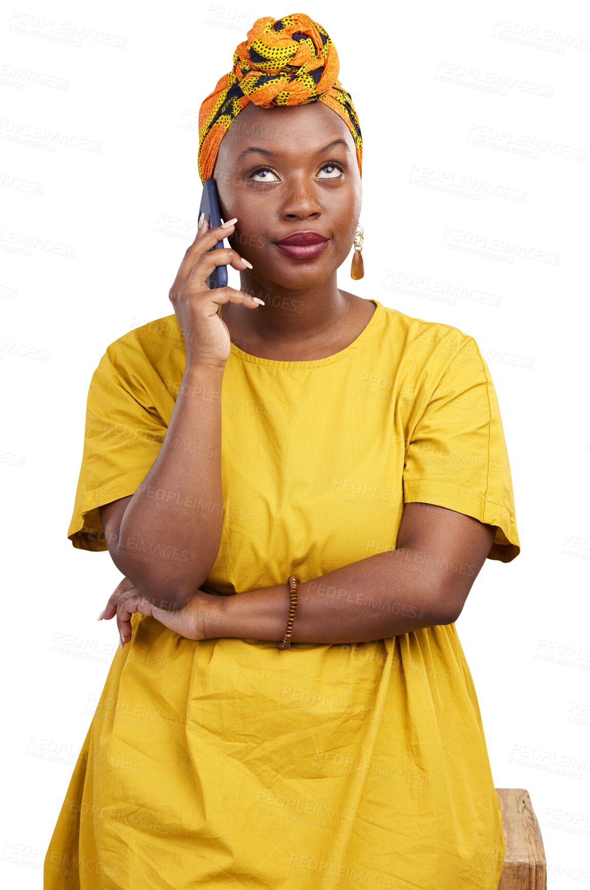 Buy stock photo Phone call, frustrated and talking, black woman isolated on transparent png background, communication and networking. Conversation, discussion and annoyed African model on cellphone with connection.
