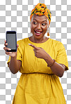 Screen, phone and happy black woman pointing at ux, app or website promo isolated in a transparent or png background. Surprise, wow and African person showing an internet deal, sale or promotion
