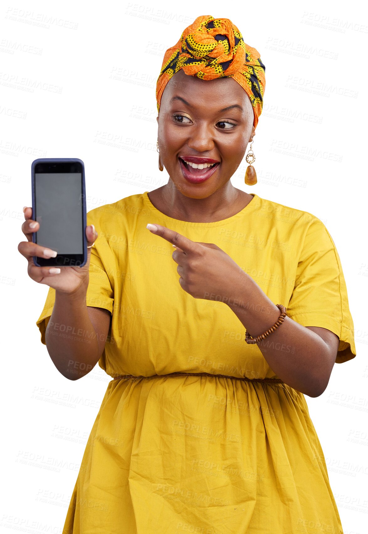 Buy stock photo Screen, phone and happy black woman pointing at ux, app or website promo isolated in a transparent or png background. Surprise, wow and African person showing an internet deal, sale or promotion