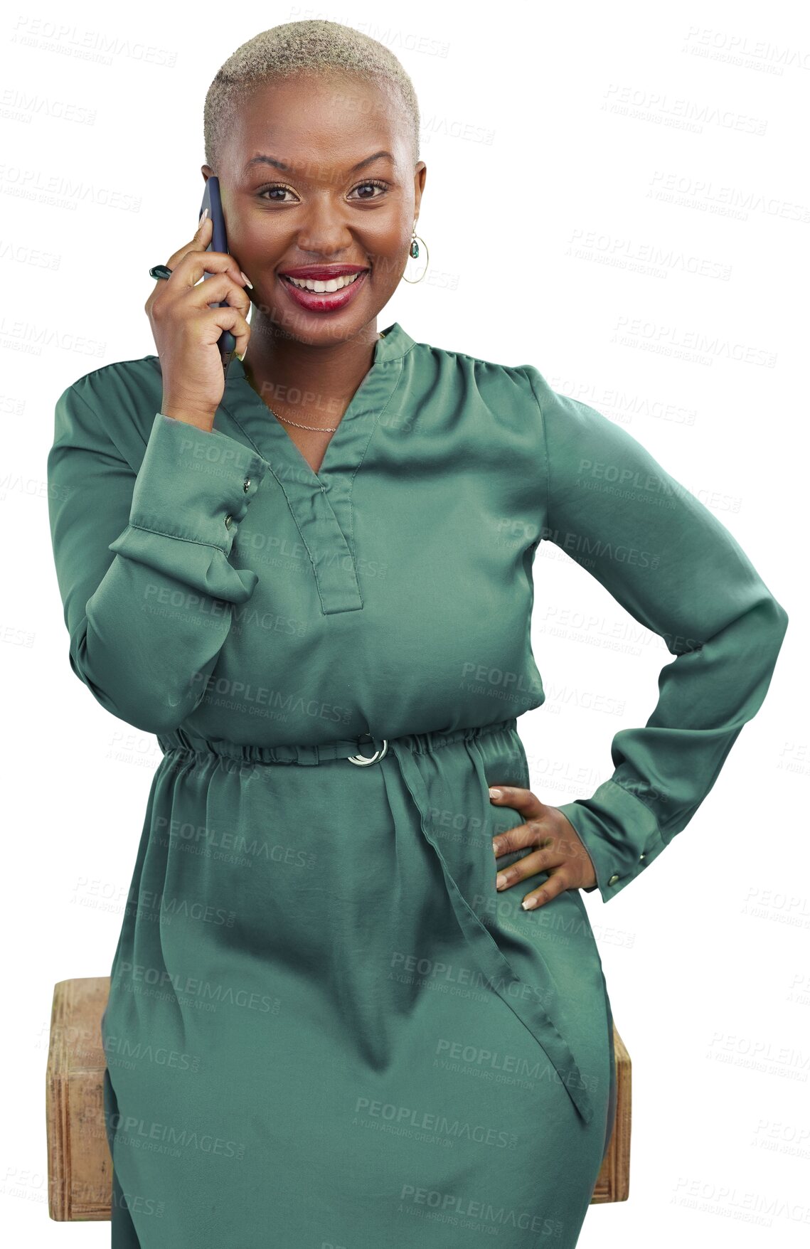 Buy stock photo Phone call, smile and happy portrait, black woman isolated on transparent png background, communication and networking. Conversation, discussion and African businesswoman on cellphone with connection