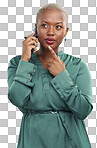 Phone call, thinking and talking, black woman isolated on transparent png background, communication and networking. Conversation, discussion and African model speaking on cellphone with connection