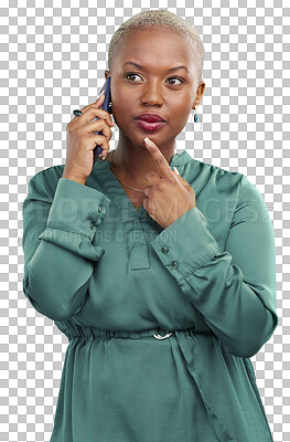 Buy stock photo Phone call, thinking and talking, black woman isolated on transparent png background, communication and networking. Conversation, discussion and African model speaking on cellphone with connection