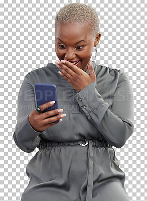 Buy stock photo Surprise, phone and excited black woman winning on an app or website promo isolated in a transparent or png background. Shocked, wow and African person or winner on internet deal, sale or promotion