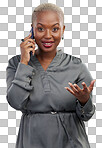Phone call, portrait and talking, black woman isolated on transparent png background, communication and networking. Conversation, discussion and happy African model speaking on cellphone with smile.