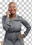 Phone call, smile and laughing, black woman isolated on transparent png background, communication and networking. Conversation, discussion and happy African businesswoman on cellphone with connection