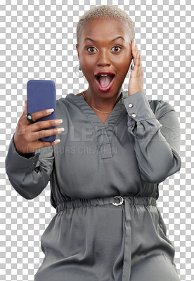 Buy stock photo Wow, phone and portrait black woman amazed at an app or website promo isolated in a transparent or png background. Surprise, shocked and African person with notification on internet deal or sale