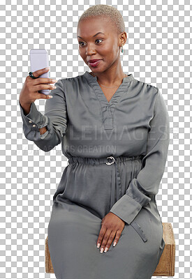 Buy stock photo Selfie, smile and fashion with black woman on png for social media, picture and blog. Influencer, happy and style with female person isolated on transparent background for pride, cool and network