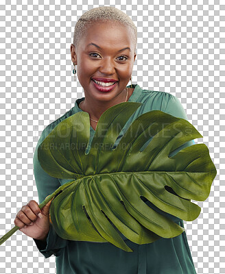 Buy stock photo Green leaf, portrait and happy woman with sustainability, eco friendly and organic fashion. African female person and smile with plants and monstera for style isolated on transparent, png background