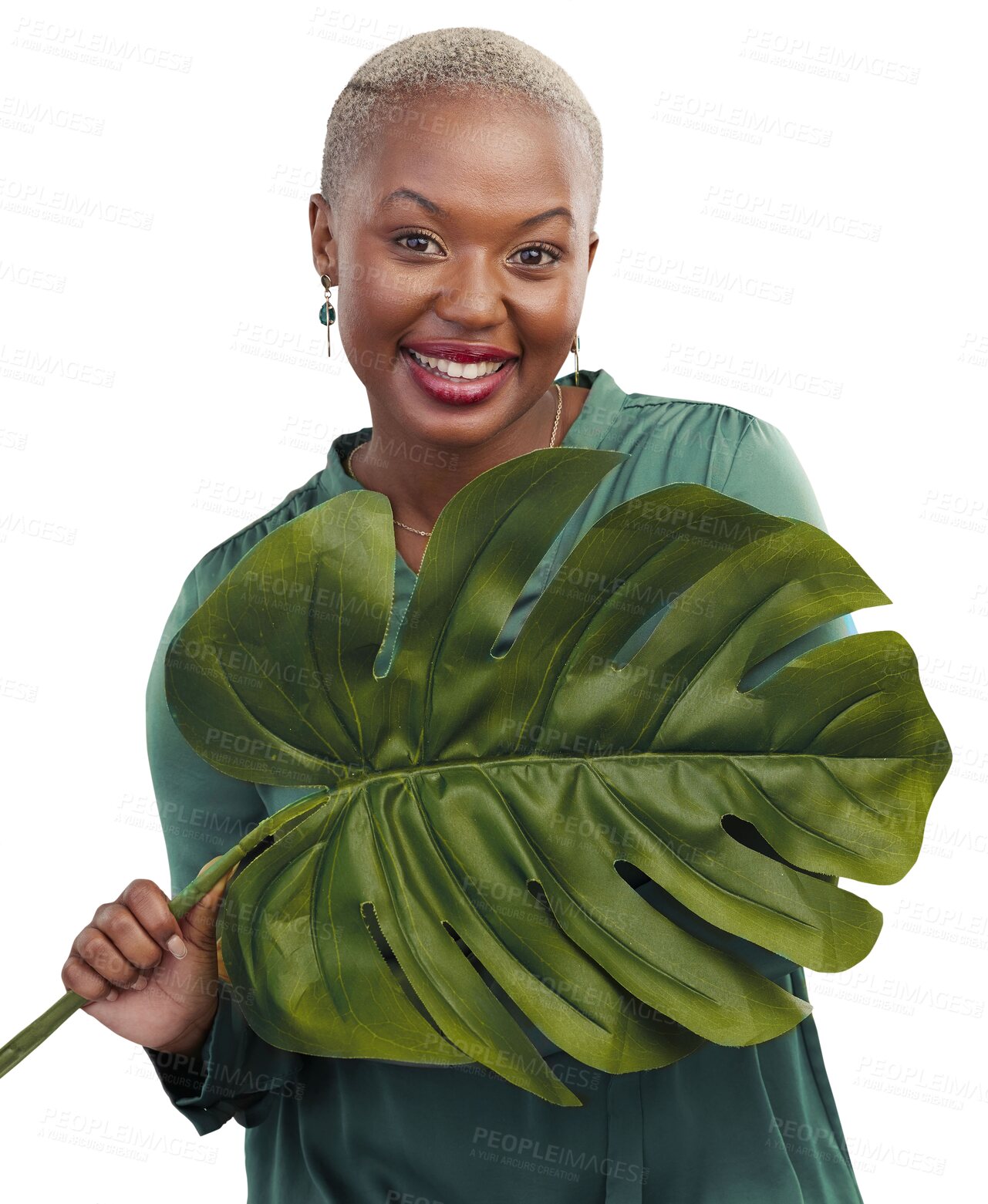Buy stock photo Green leaf, portrait and happy woman with sustainability, eco friendly and organic fashion. African female person and smile with plants and monstera for style isolated on transparent, png background