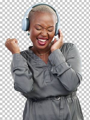 Dance, headphones and happy black woman isolated on transparent png background with radio streaming. Music, audio and sound, African girl with smile, energy and relax with freedom, technology and fun