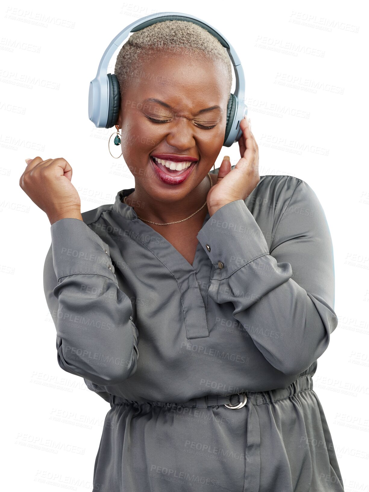 Buy stock photo Dance, headphones and happy black woman isolated on transparent png background with radio streaming. Music, audio and sound, African girl with smile, energy and relax with freedom, technology and fun