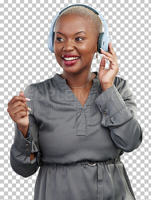 Music, headphones and streaming, black woman isolated on transparent png background with radio. Podcast, audio and sound, happy African girl with smile, energy and relax in freedom, technology or fun