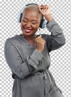 Dance, headphones and celebration, black woman isolated on transparent png background with radio streaming. Music, audio and sound, African girl with smile, energy and relax with fun in technology.