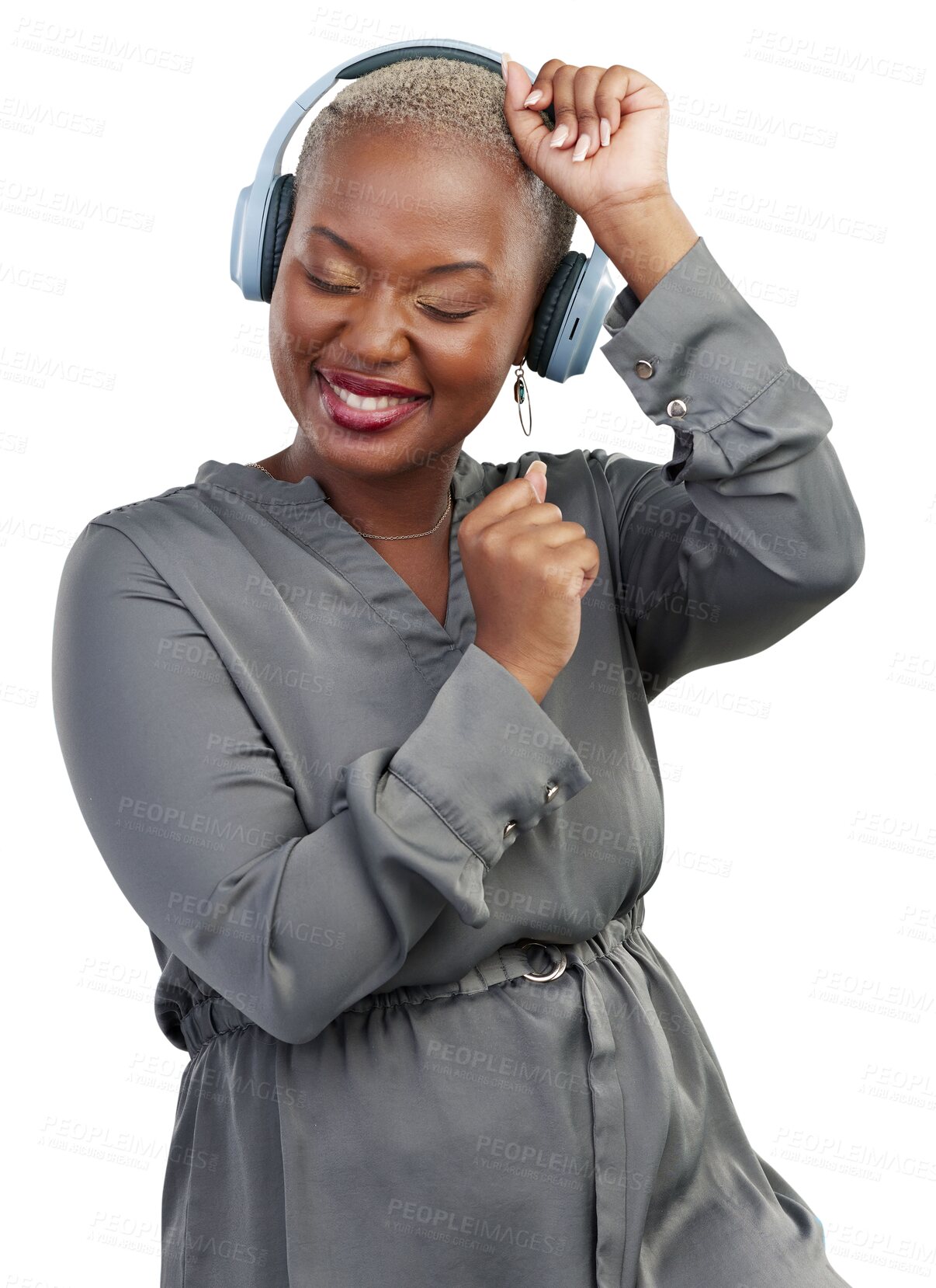 Buy stock photo Dance, headphones and celebration, black woman isolated on transparent png background with radio streaming. Music, audio and sound, African girl with smile, energy and relax with fun in technology.
