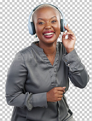 Portrait, headphones and happy black woman isolated on transparent png background with radio streaming. Music, audio and sound, African girl with smile, energy and relax with dance, technology or fun