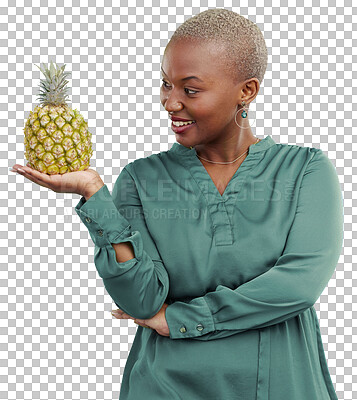 Buy stock photo Black woman, pineapple and smile with detox, weight loss and heath food for vitamin c. African female person, fruits and tropical diet of a happy model isolated on a transparent, png background