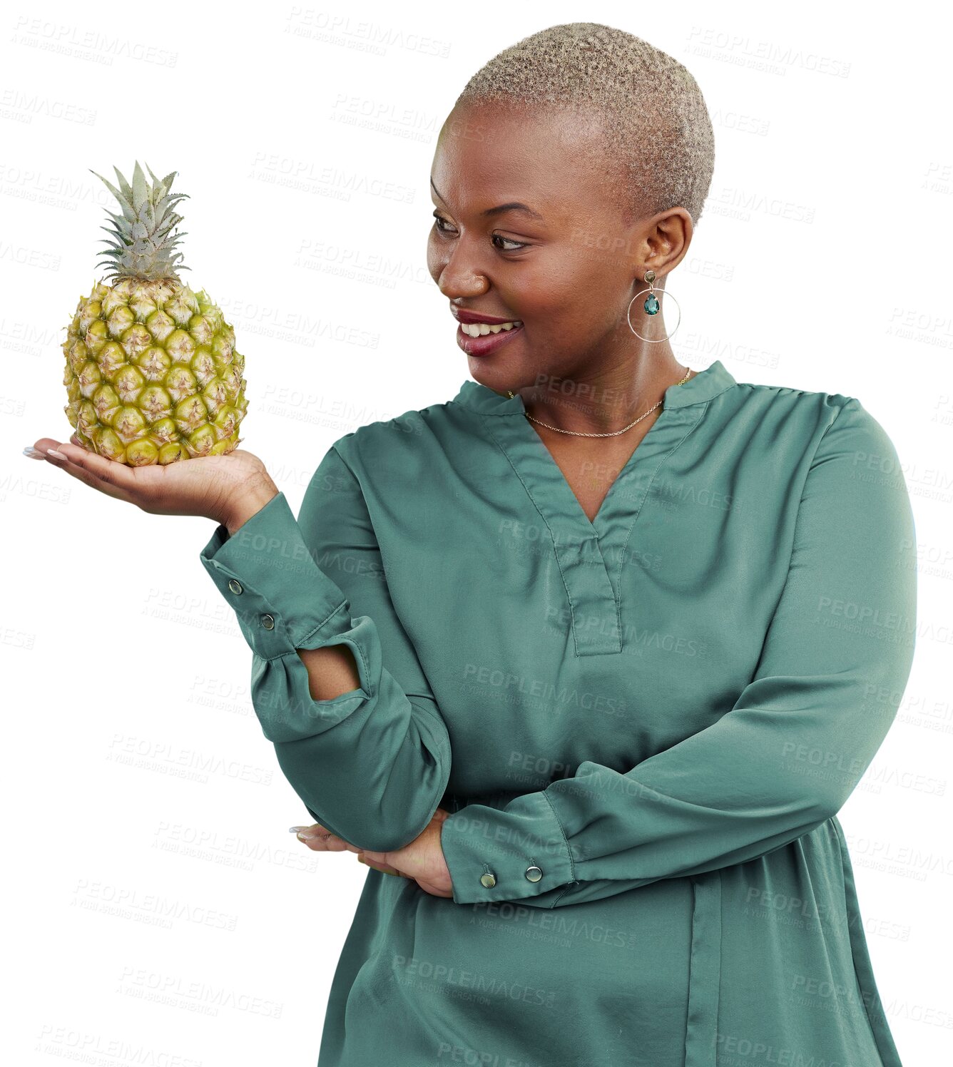 Buy stock photo Black woman, pineapple and smile with detox, weight loss and heath food for vitamin c. African female person, fruits and tropical diet of a happy model isolated on a transparent, png background