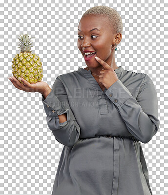 Isolated woman, thinking and pineapple with smile, choice or idea for food by transparent png background. African girl, happy and excited face with decision for wellness, diet or nutrition with fruit