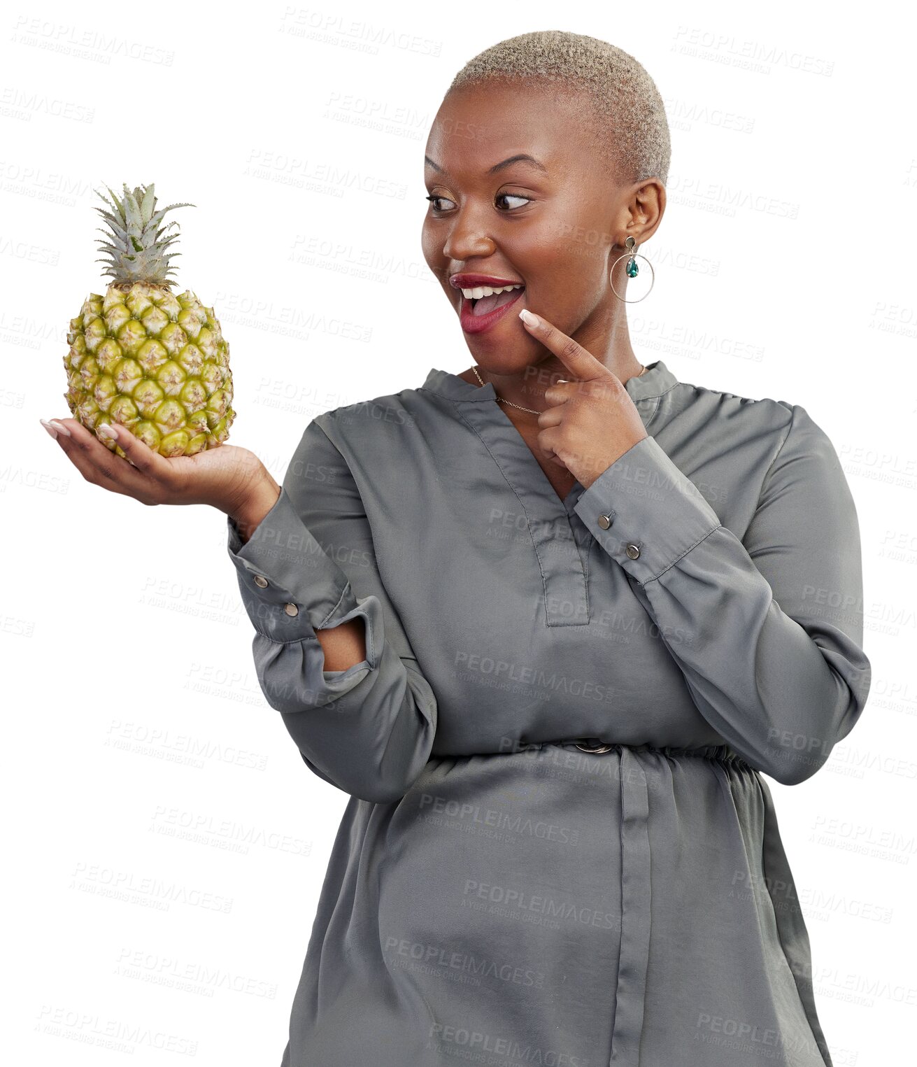 Buy stock photo Isolated woman, thinking and pineapple with smile, choice or idea for food by transparent png background. African girl, happy and excited face with decision for wellness, diet or nutrition with fruit