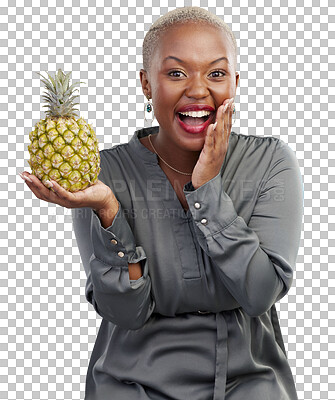 Black woman, pineapple and portrait with detox, wow and heath food for vitamin c. African female person, fruits and tropical diet of a happy model ??surprise isolated on a transparent, png background