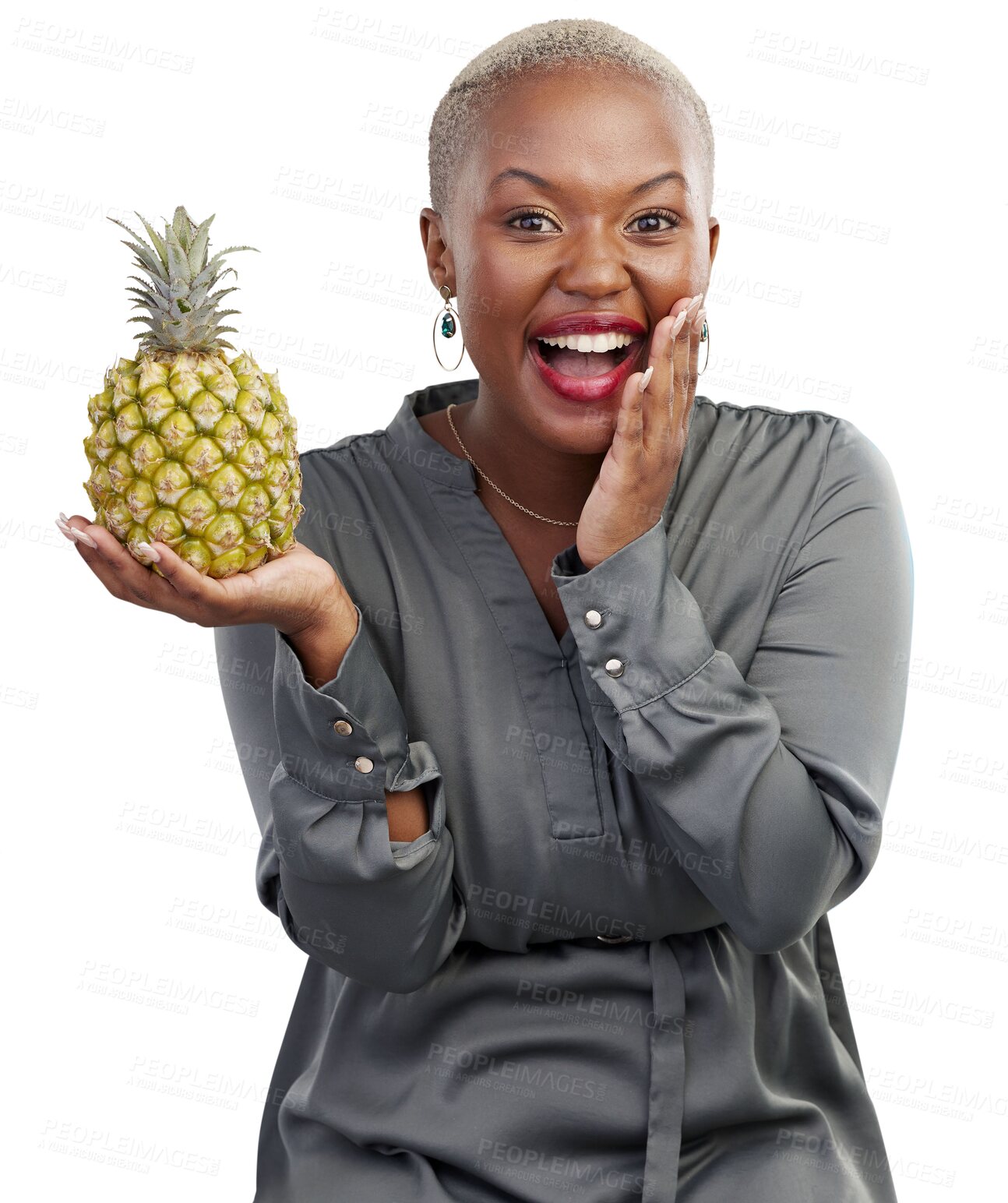 Buy stock photo Black woman, pineapple and portrait with detox, wow and heath food for vitamin c. African female person, fruits and tropical diet of a happy model surprise isolated on a transparent, png background