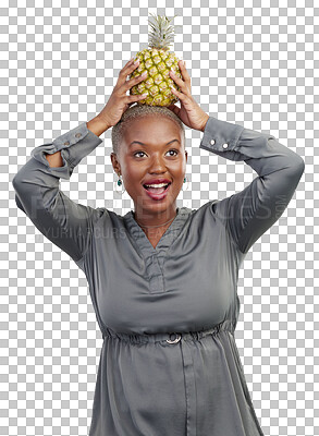Health, diet and happy black woman with pineapple on isolated, png and transparent background. Nutrition, wellness and female person with fruit for vitamins, detox and lose weight for healthy body