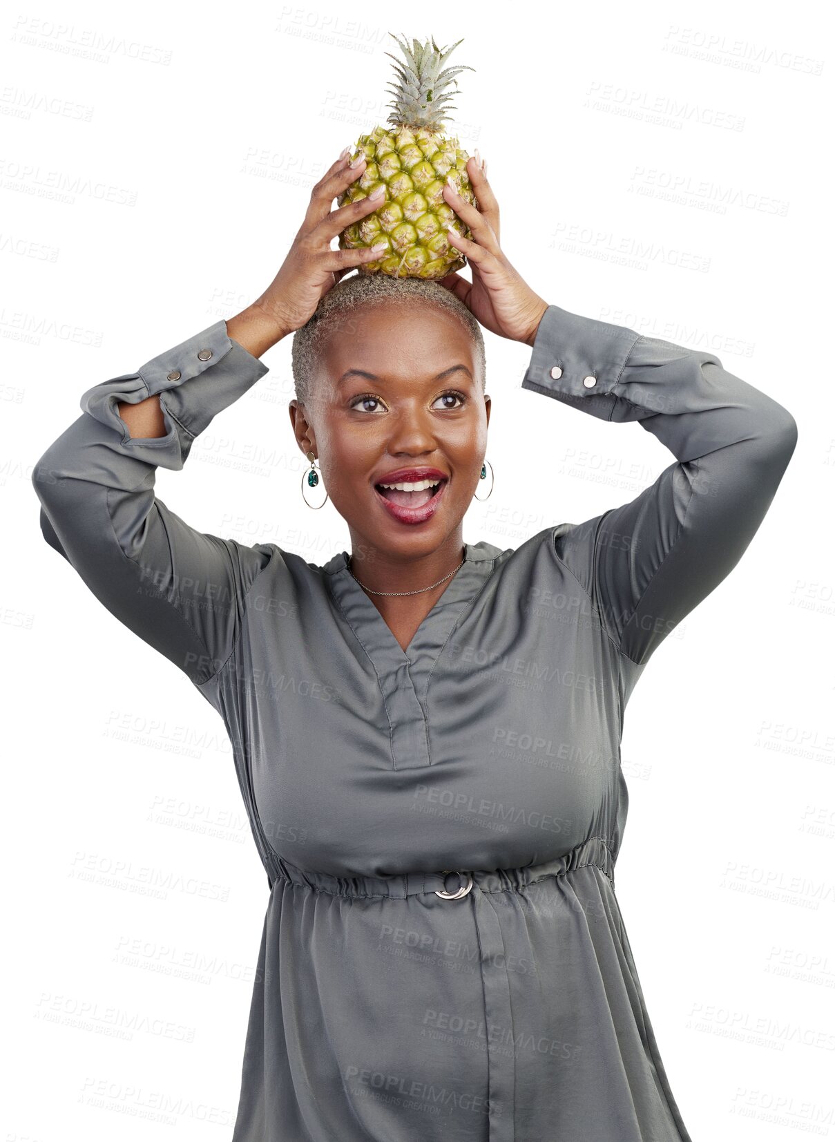 Buy stock photo Health, diet and happy black woman with pineapple on isolated, png and transparent background. Nutrition, wellness and female person with fruit for vitamins, detox and lose weight for healthy body