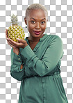 Black woman, pineapple and portrait with nutrition, weight loss and healthy food for vitamin c. African female person, fruit and tropical diet of a model ??isolated on a transparent, png background