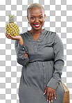 Black woman, pineapple and smile with healthy detox, weight loss and health food for vitamin c. African female person, fruits and tropical diet of a model ??isolated on a transparent, png background