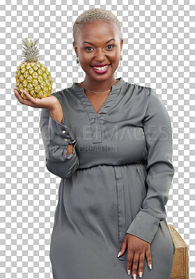 Buy stock photo Black woman, pineapple and smile with healthy detox, weight loss and health food for vitamin c. African female person, fruits and tropical diet of a model isolated on a transparent, png background