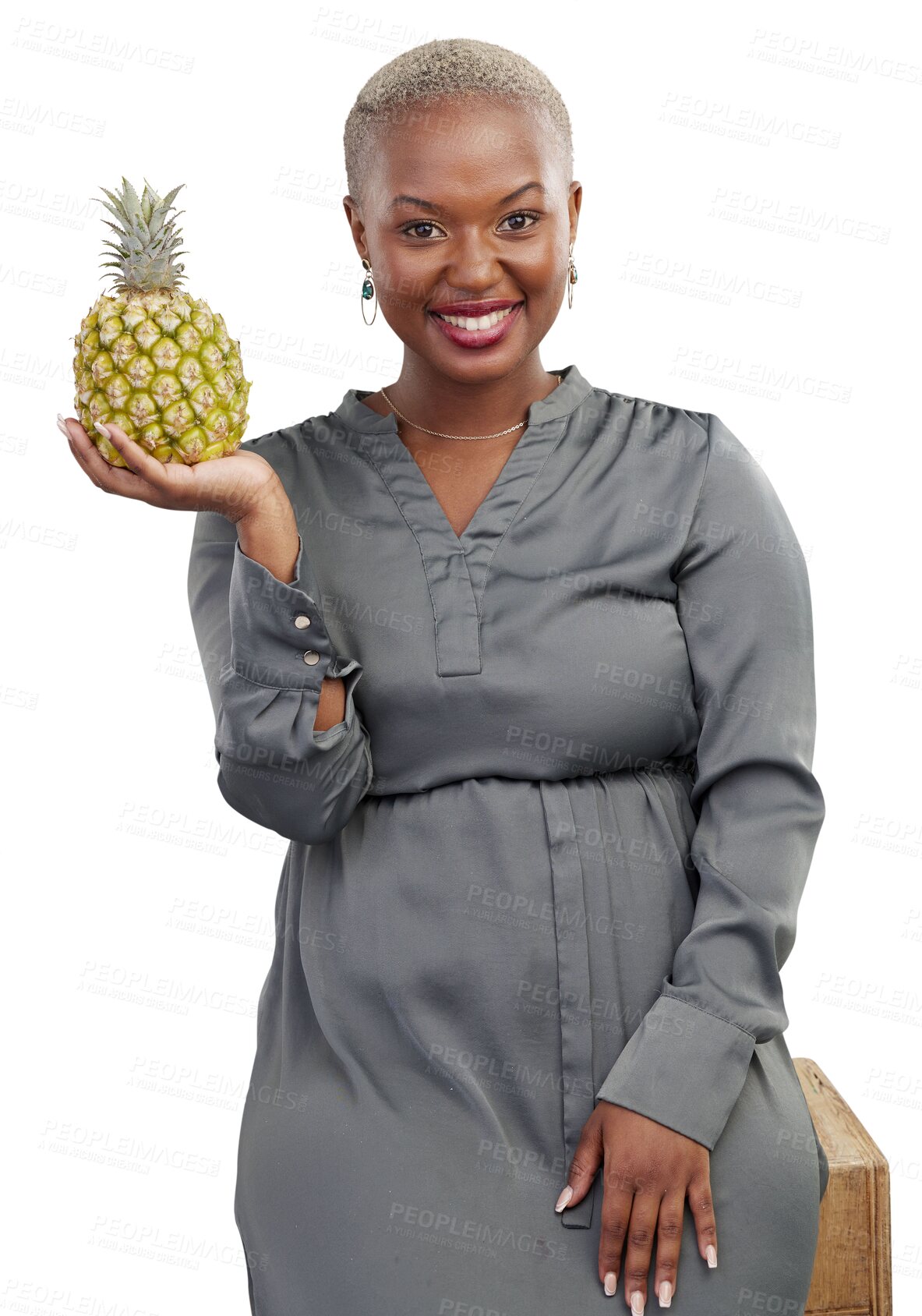 Buy stock photo Black woman, pineapple and smile with healthy detox, weight loss and health food for vitamin c. African female person, fruits and tropical diet of a model isolated on a transparent, png background