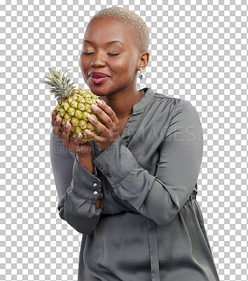 Black woman, pineapple and relax with detox, weight loss and heath food for vitamin c. African female person, fruits and tropical diet of a calm model ??isolated on a transparent, png background