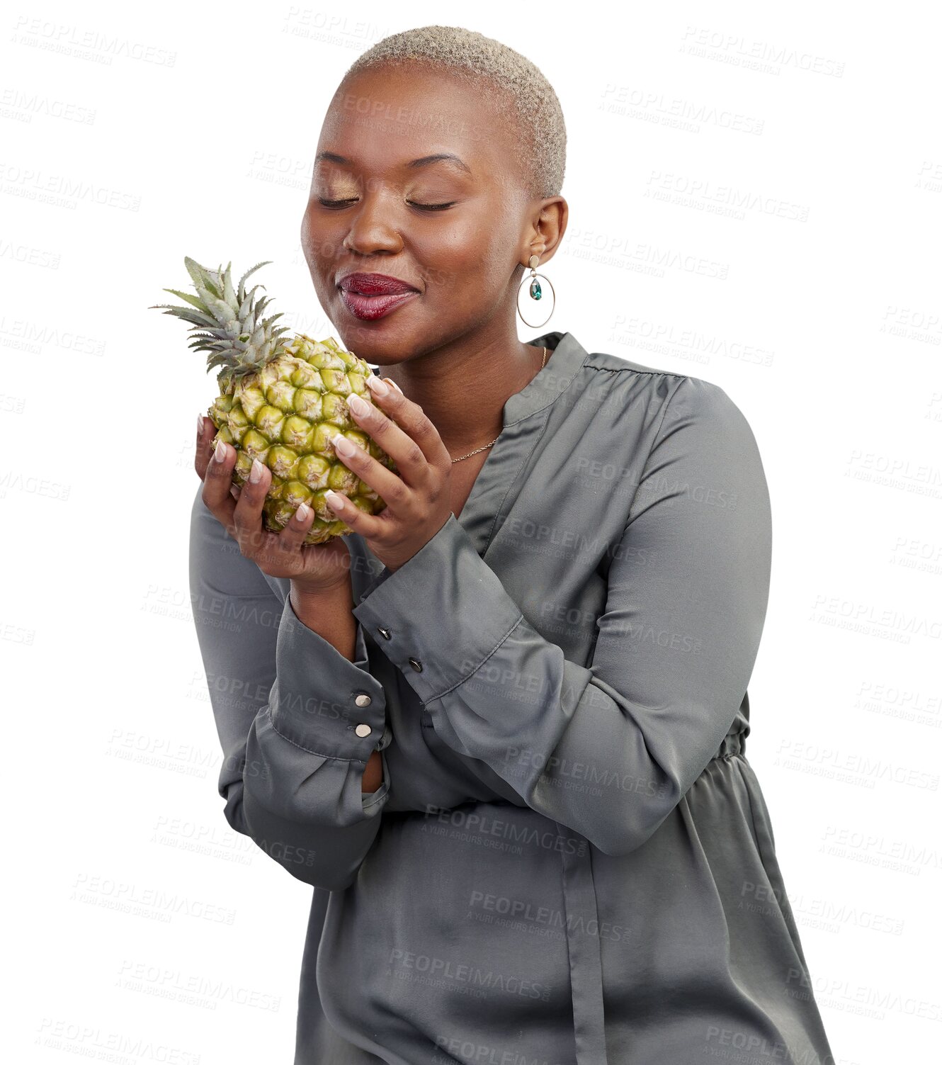 Buy stock photo Black woman, pineapple and happy with detox, weight loss and heath food for vitamin c. African female person, fruits and tropical diet of a calm model isolated on a transparent, png background