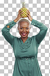 Happy, diet and portrait of black woman with pineapple on isolated, png and transparent background. Nutrition, wellness and female person with fruit for vitamins, detox and lose weight for health