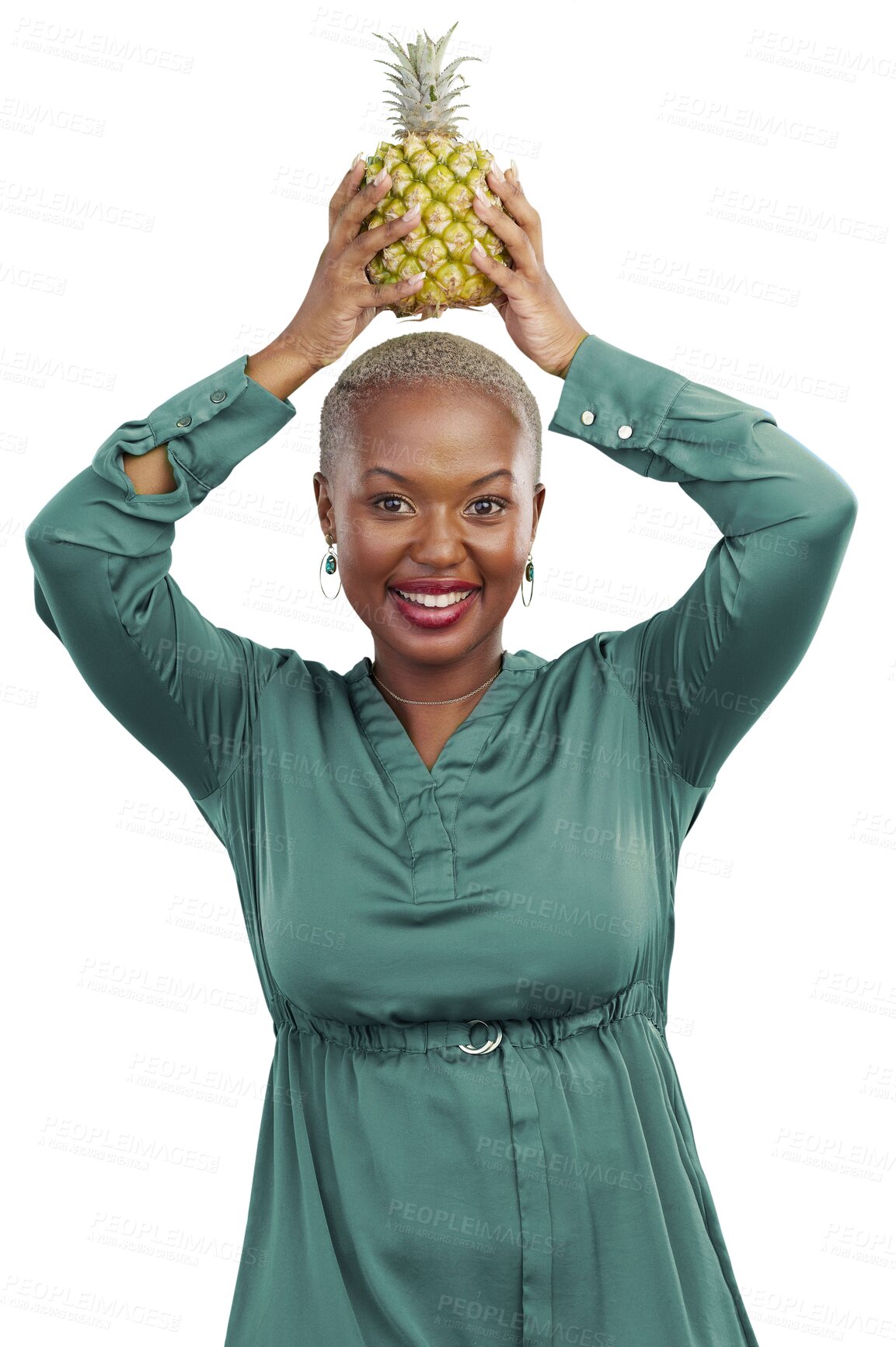 Buy stock photo Happy, diet and portrait of black woman with pineapple on isolated, png and transparent background. Nutrition, wellness and female person with fruit for vitamins, detox and lose weight for health